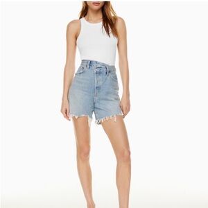Agolde Criss Cross Light Blue Frayed Denim Shorts